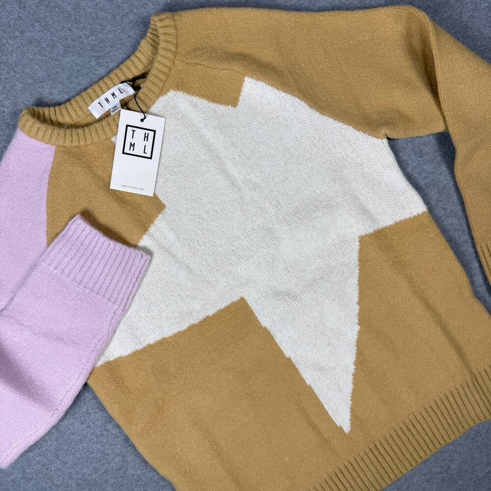 THML Women's Colorblock Star Graphic Crewneck Knit Sweater NWT Beige Pink XS